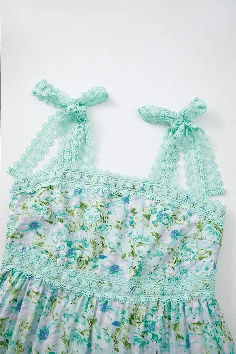 Green Floral Lace Tied Strap Empire Waist Maxi Dress - Love Salve